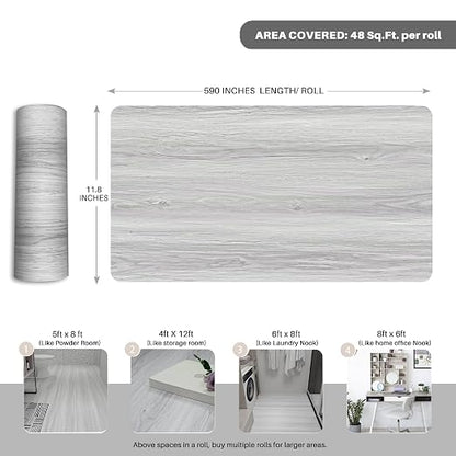 Wood Grain Peel and Stick Floor Tiles, 11.8" W × 590" L, Light Color | Long rolls reduce seams, Low‑maintenance surface, Easy to use, Soft wood‑look finish, Helps protect floors, Waterproof