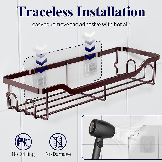 Kitsure Shower Caddy, Adhesive Shower Organizer, Large, Brown | Stainless Steel Shelf for Inside Shower, No Drill Bathroom Organizers and Storage, Home Decor Accessories