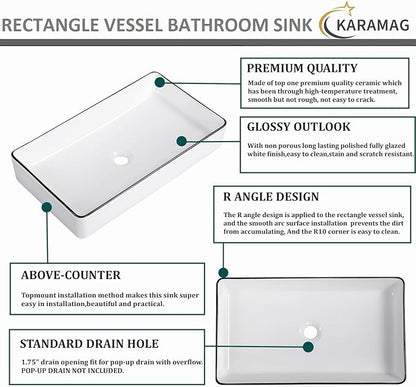 Vessel Sink Rectangle 24"x14" Bathroom Sink Above Counter Porcelain Ceramic White with Black Rim Ceramic Vessel Sinks for Bathrooms