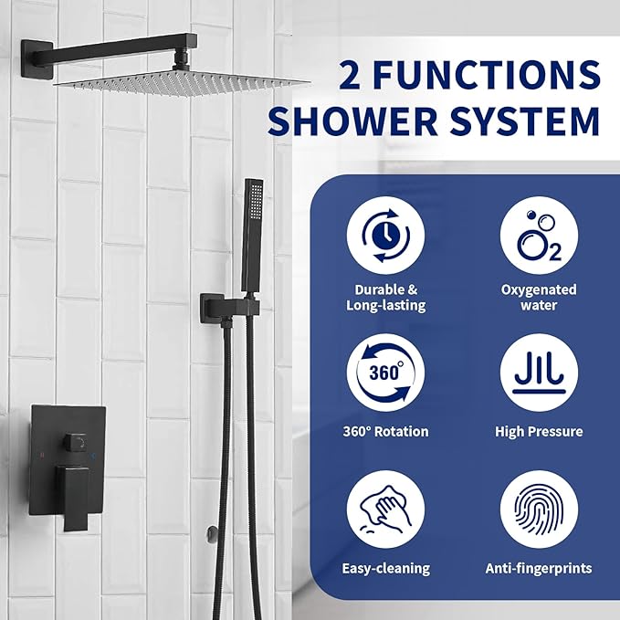 BWE Black Shower Faucet 10 Inch Square Luxury Rain Mixer Shower System Sets Complete 2-Functions Pressure Balancing Wall Mount Rainfall Rough-in Valve Body and Trim Included