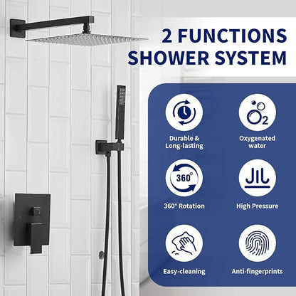 BWE Black Shower Faucet 10 Inch Square Luxury Rain Mixer Shower System Sets Complete 2-Functions Pressure Balancing Wall Mount Rainfall Rough-in Valve Body and Trim Included