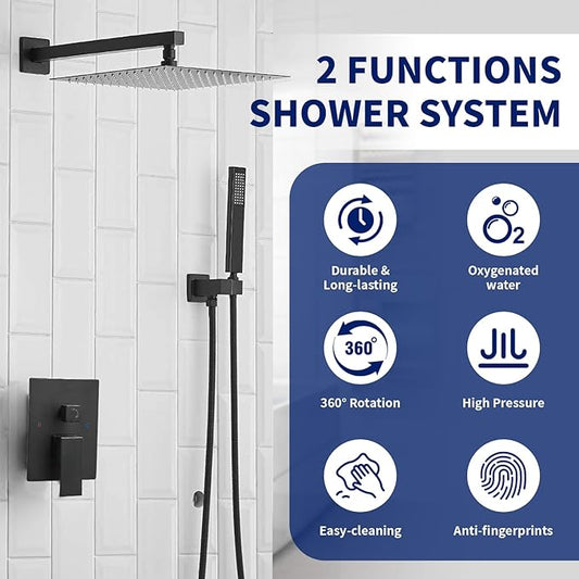 BWE Black Shower Faucet 10 Inch Square Luxury Rain Mixer Shower System Sets Complete 2-Functions Pressure Balancing Wall Mount Rainfall Rough-in Valve Body and Trim Included
