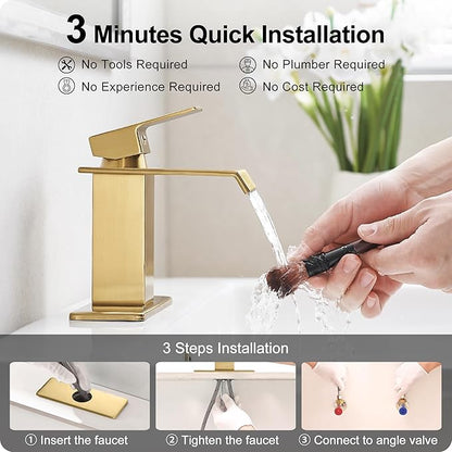 Gold Bathroom Faucet Single Handle, Brass Waterfall Bathroom Faucet, 4 Inch Bathroom Faucets 1 Hole or 3 Holes Bathroom Sink Faucets with Deck Plate & Pop-Up Drain for Public Sinks No Splashing