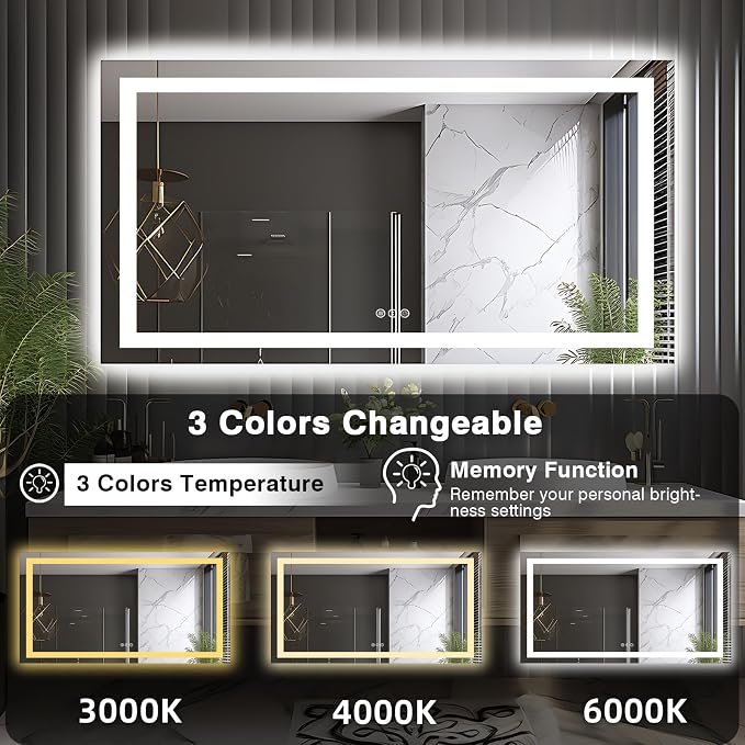 EchosLife 66"x36" LED Lit Bathroom Mirror | Backlit + Front Lit, Anti-Fog, Stepless Dimmable, 3 Colors, Memory, Tempered Glass, UL Listed, Horizontal/Vertical