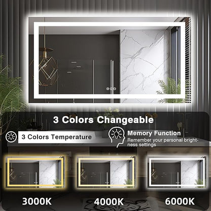 EchosLife 66"x36" LED Lit Bathroom Mirror | Backlit + Front Lit, Anti-Fog, Stepless Dimmable, 3 Colors, Memory, Tempered Glass, UL Listed, Horizontal/Vertical