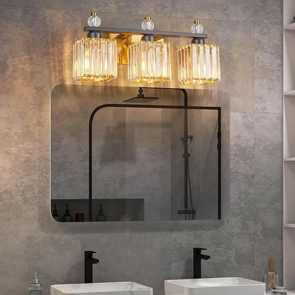 3-Light Modern Crystal Vanity Light - Black Gold Bathroom Light Fixtures Over Mirror