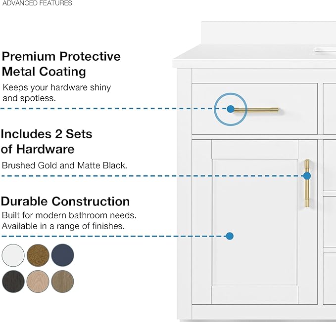 OVE Decors Bailey 48 in. Single Sink Freestanding White Bathroom Vanity with White Quartz Top, Matching Backsplash, Power Bar and Brushed Gold Hardware