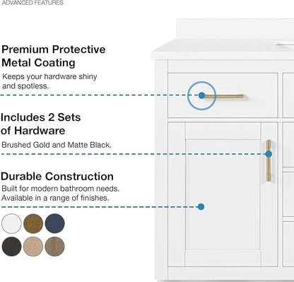 OVE Decors Bailey 48 in. Single Sink Freestanding White Bathroom Vanity with White Quartz Top, Matching Backsplash, Power Bar and Brushed Gold Hardware