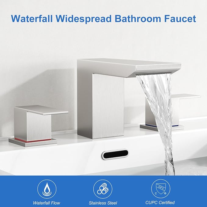 RUMOSE Bathroom Faucets 3 Hole Nickel Bathroom Sink Faucet with Drain | 8 Inch Mixer Widespread Waterfall Vanity Two Handle Lavatory Bath Tap, Pop Up Drain, Stainless Steel