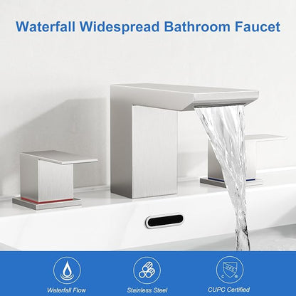 RUMOSE Bathroom Faucets 3 Hole Nickel Bathroom Sink Faucet with Drain | 8 Inch Mixer Widespread Waterfall Vanity Two Handle Lavatory Bath Tap, Pop Up Drain, Stainless Steel