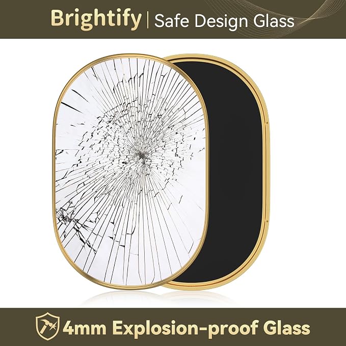Brightify Gold Oval Mirror for Wall 30x42 Inch, Metal Framed Bathroom Vanity Mirrors, Modern Pill Shaped Mirror for Bedroom Living Room Wall Decorative Hang Vertical and Horizontal