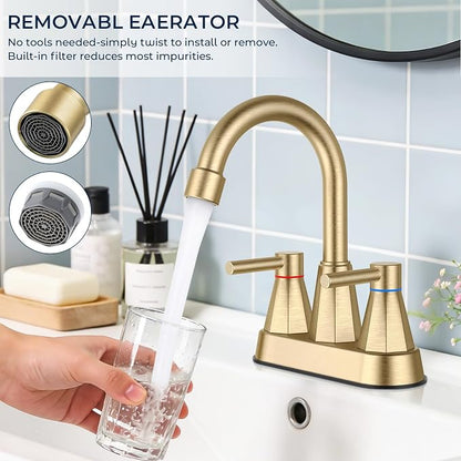 Bathroom Sink Faucet Brushed Gold, 2-Handle 4-inch Centerset Faucet | Lead-free stainless steel, pop-up drain included, Detachable faucet aerator, 360°swivel spout, for vanity sink 3-hole mount