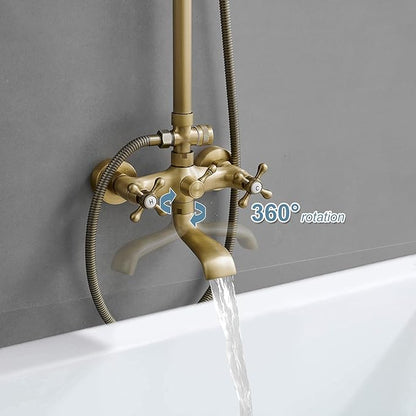 BWE Exposed Bathroom Shower Faucet Set Antique Brass Bathroom Shower Faucet Triple Functions 8 Inch Rainfall Shower Head Handheld Spray with Tub Spout Exposed Shower System Double Handle