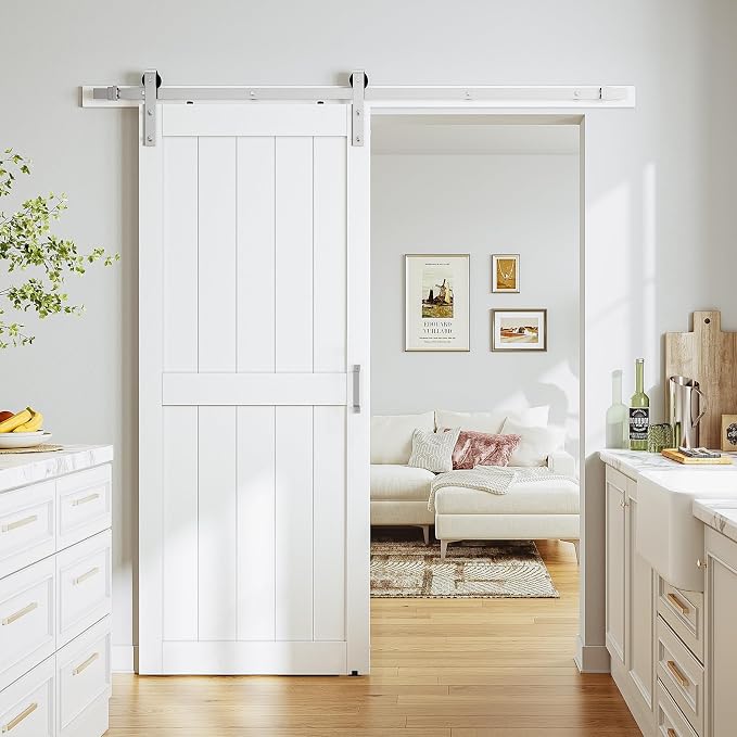 SMARTSTANDARD 36" x 84" White Sliding Barn Door with 6.6FT Silver Hardware | Pre-Drilled Ready to Assemble, Waterproof PVC Coating, H-Frame