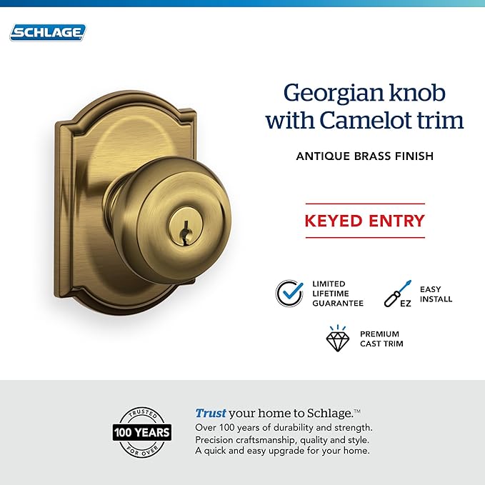 SCHLAGE F51A GEO 609 CAM Georgian Knob with Camelot Trim Keyed Entry Lock, Antique Brass
