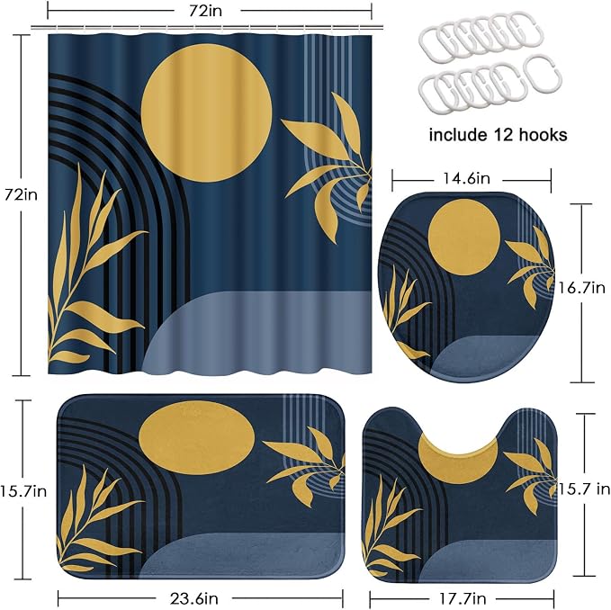 Boho Bathroom Sets with Shower Curtain and Rugs, 4 Pcs, Abstract | Geometric Minimalist Modern Bathroom Decor Set with Toilet Lid Cover, Non-Slip Bath Mats and Accessories 12 Hooks