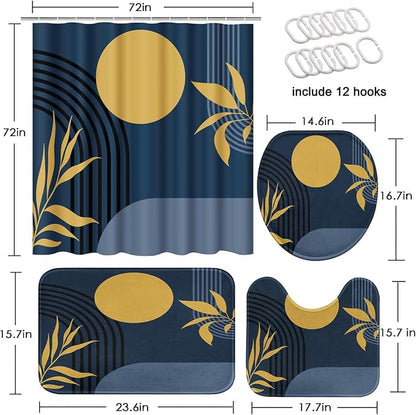 Boho Bathroom Sets with Shower Curtain and Rugs, 4 Pcs, Abstract | Geometric Minimalist Modern Bathroom Decor Set with Toilet Lid Cover, Non-Slip Bath Mats and Accessories 12 Hooks