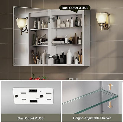 20x26 Inch Bathroom Medicine Cabinet with Mirror, Lighted Bathroom Mirror Cabinet, Recessed/Surface Mount Medicine Cabinet with Socket & USB, Anti-Fog, 3 Colors Temperature, Dimmable Light