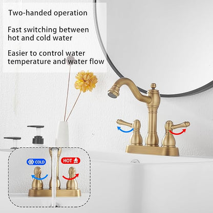 GGStudy Antique Brass Bathroom Faucet 2 Handles 4 Inches Centerset RV Bathroom Vanity Faucet with Drain Assembly and Supply Hose Lavatory Faucet