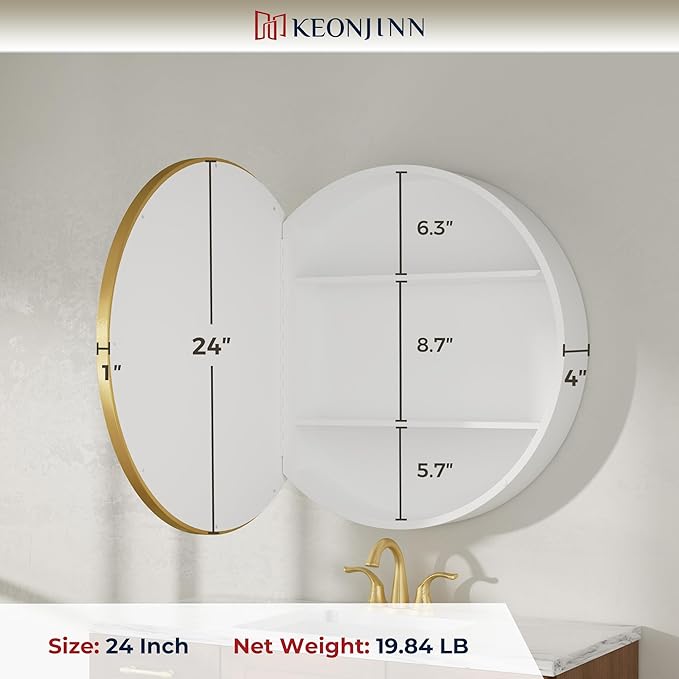 Keonjinn 24 x 24 Inch Round Medicine Cabinets for Bathroom, Gold Mirror Medicine Cabinet Wall Mounted, Modern Medicine Cabinet Surface Mount Only, Circle Framed Vanity Mirror with Storage