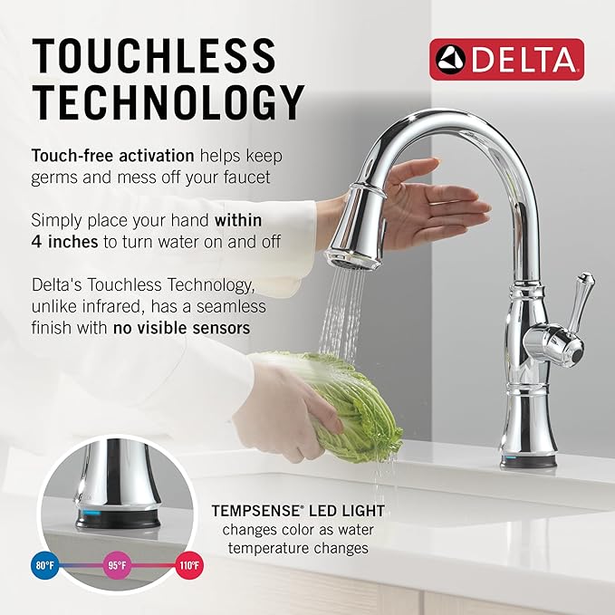Delta Cassidy Touchless Kitchen Faucet with Touch Technology, Chrome Kitchen Sink Faucet with Pull Down Sprayer, Single Hole, Lumicoat Chrome 9197TL-PR-DST
