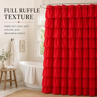 Red Ruffle Shower Curtain for Bathroom, 72x72, Cottagecore Rural Farmhouse | Cascading Layered Ruffles, Standard 72" x 72" Fits Most Tubs & Showers, 12 Hooks Inclouded, Machine Washable, Soft Microfiber