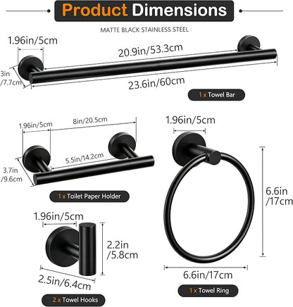5 Piece Matte Black Bathroom Hardware Accessories Set, 24" Towel Bar Set | Bathroom Towel Rack Set with Wall Mounted SUS304 Stainless Steel , Double Post Toilet Paper Holder, Towel Ring & Robe Hooks