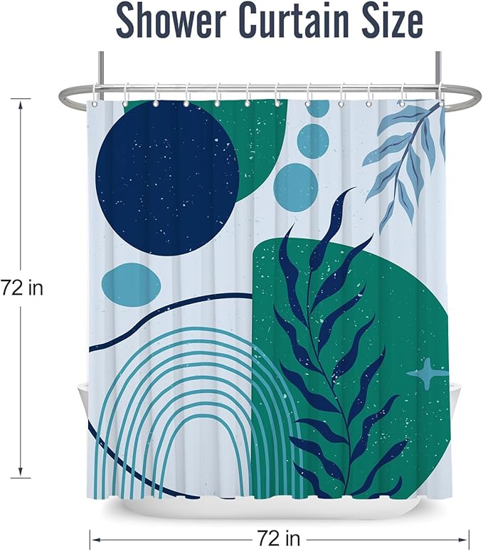 Teal Blue Boho Shower Curtain Abstract Minimalist Aesthetic Modern Geometric Leaf Plant Fabric Shower Curtains Bathroom Accessories