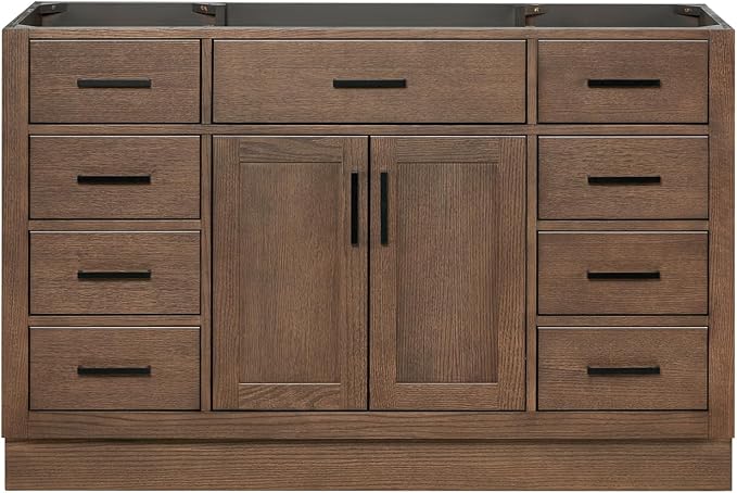 ARIEL Hepburn 54-inch Bathroom Vanity Base Cabinet,Solid Wood, 2 Soft Closing Doors, 9 Dovetail Drawers, Brown Oak