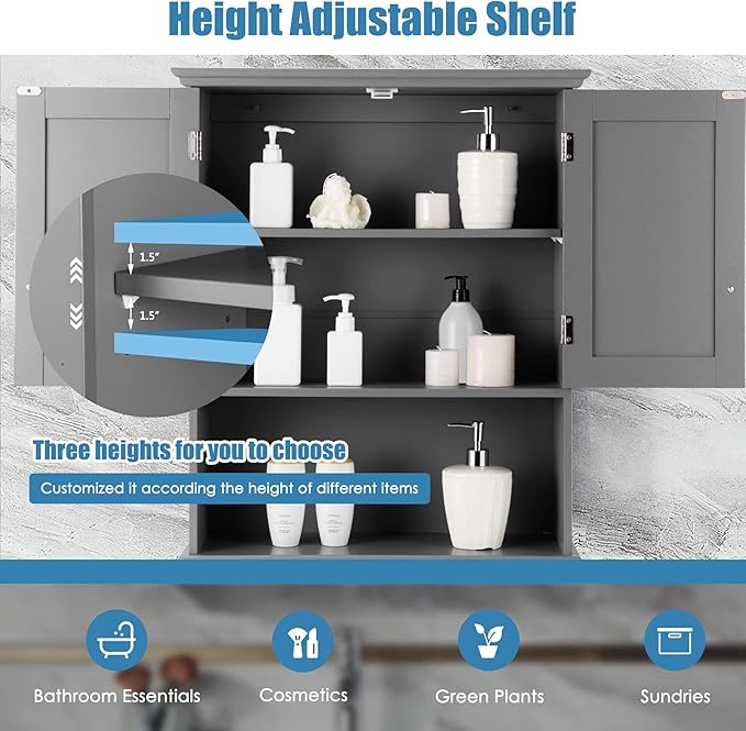 Tangkula Wall Mount Bathroom Cabinet Wooden Medicine Cabinet Storage Organizer with 2-Doors and 1-Shelf Cottage Collection Wall Cabinet (Grey)