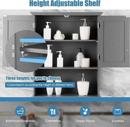 Tangkula Wall Mount Bathroom Cabinet Wooden Medicine Cabinet Storage Organizer with 2-Doors and 1-Shelf Cottage Collection Wall Cabinet (Grey)