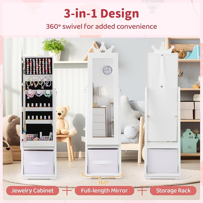 CHARMAID 360° Swivel Kids Jewelry Cabinet, 47" Full Length Mirror with Jewelry Storage, Jewelry Armoire with Drawer and Back Shelf, Kids Vanity Dressing Mirror Jewelry Organizer for Girls (White)