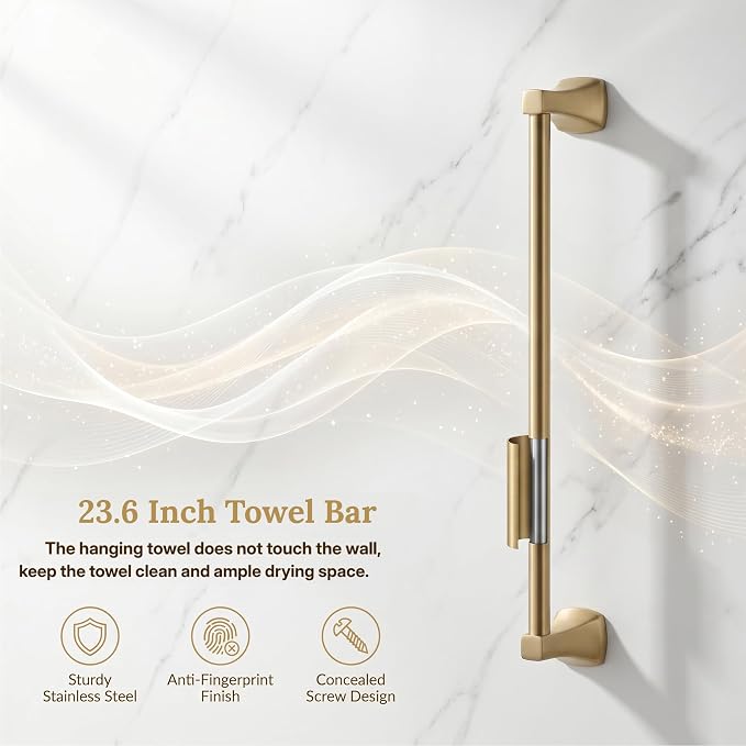 4 Piece Gold Bathroom Hardware Set - Brushed Gold Bathroom Accessories, 23.6 Inch Towel Bar | Towel Hook | Toilet Paper Holder | Hand Towel Holder (Dark Champagne Bronze)