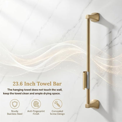 4 Piece Gold Bathroom Hardware Set - Brushed Gold Bathroom Accessories, 23.6 Inch Towel Bar | Towel Hook | Toilet Paper Holder | Hand Towel Holder (Dark Champagne Bronze)