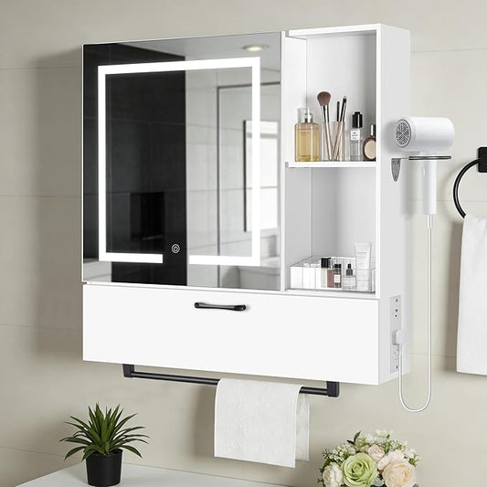 LED Lighting with Socket and USB Bathroom Medicine Mirror Cabinet,Color Changing Anti Fog Light Strip,Equipped with Hair Dryer Rack and Towel Rack,Embedded or Wall Mounted,White