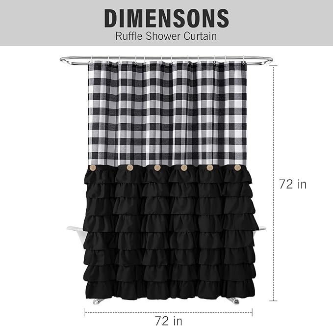 Seasonwood Black Farmhouse Shower Curtain Set with 12 Hooks 72 X 72inch Black and White Buffalo Plaid Pattern Fabric Shower Curtains with Buttons & Black Ruffles for Bathroom Bathtubs Decor