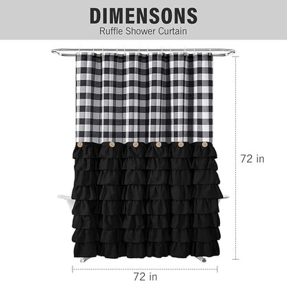 Seasonwood Black Farmhouse Shower Curtain Set with 12 Hooks 72 X 72inch Black and White Buffalo Plaid Pattern Fabric Shower Curtains with Buttons & Black Ruffles for Bathroom Bathtubs Decor