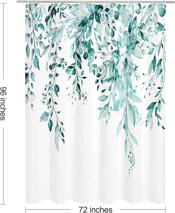 Teal Eucalyptus Shower Curtain, Watercolor Floral Print, 72x96 | Watercolor Plant Leaves Floral Print, Extra Long Waterproof Fabric Bathroom Decor, Machine Washable, Rustproof Grommets