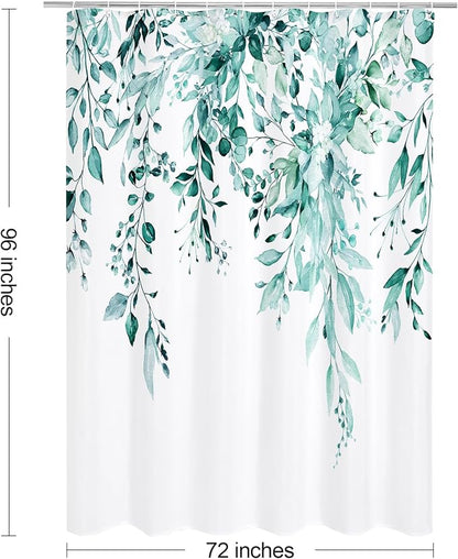 Teal Eucalyptus Shower Curtain, Watercolor Floral Print, 72x96 | Watercolor Plant Leaves Floral Print, Extra Long Waterproof Fabric Bathroom Decor, Machine Washable, Rustproof Grommets