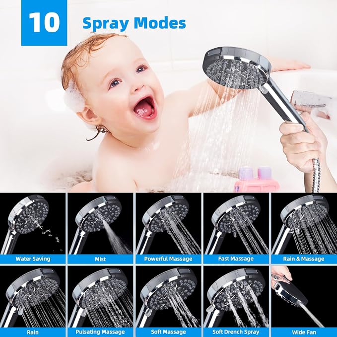 Hibbent 12" Dual Filtered Shower Head Combo, 10-spray Handheld, Chrome | All Metal High Pressure Rainfall Shower Head Combo with Filter, 16" Extension Arm, 3-way Diverter, 71" Hose & Shower Holder
