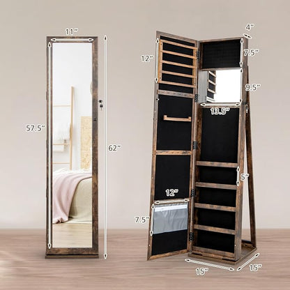 COSTWAY Standing Jewelry Cabinet, Large Capacity Jewelry Organizer w/Full-Length Mirror & Rear Storage Shelves, Lockable Mirror Jewelry Armoire with Keys for Girls Women (Rustic Brown)