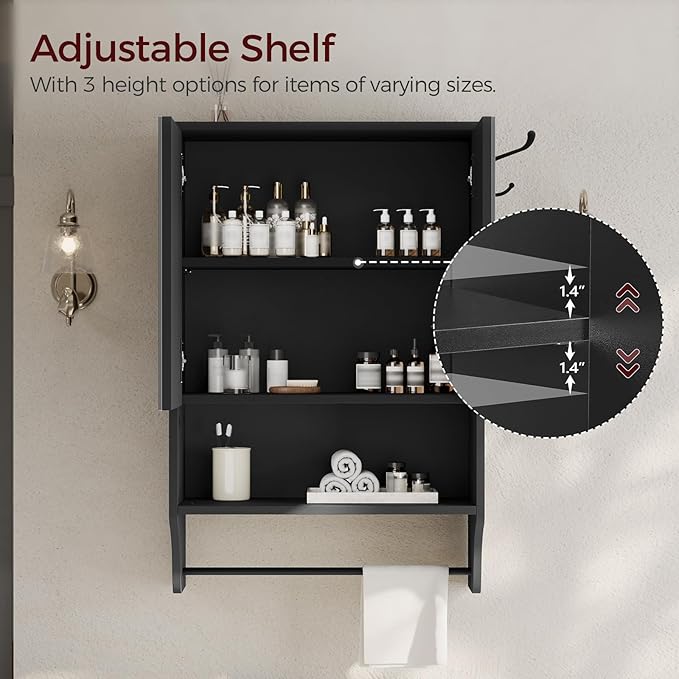 Bathroom Wall Cabinet with Mirror, Medicine Cabinet with 2 Door and Adjustable Shelf, Wall Mounted Over The Toilet Storage Cabinet for Bathroom Laundry Room Kitchen, 18.9"W x 26.2"H, Black