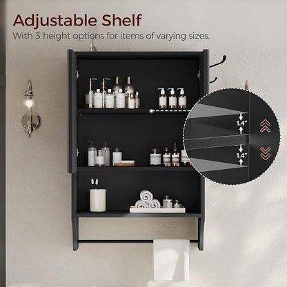 Bathroom Wall Cabinet with Mirror, Medicine Cabinet with 2 Door and Adjustable Shelf, Wall Mounted Over The Toilet Storage Cabinet for Bathroom Laundry Room Kitchen, 18.9"W x 26.2"H, Black