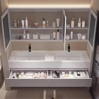 88" Bathroom Vanity with Sink, Double Sink Bathroom Vanity with Smart LED Defog Mirror Cabinet, Ceramic Sink Waterproof Wall Mounted Floating, Soft Closing, Fully Pre-Assembled, Ample Storage