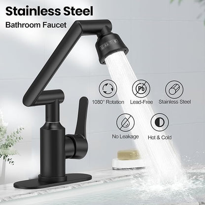 Stainless Steel Bathroom Sink Faucet, 1080° Rotatable, Matte Black | Fit 1 Hole Sink, 4 Water Outlet Modes, Three-stage Rotating Design, Flexible Adjustment, Anti-Rust, No Leakage, Single Handle