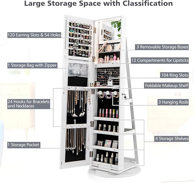 CHARMAID 360° Swivel Jewelry Armoire with Full Length Mirror, Rear Storage Shelves, Lockable Standing Jewelry Cabinet Organizer with Interior Vanity Mirror and 3-Color Lights (White)