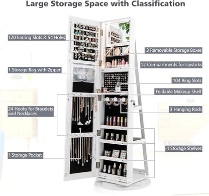 CHARMAID 360° Swivel Jewelry Armoire with Full Length Mirror, Rear Storage Shelves, Lockable Standing Jewelry Cabinet Organizer with Interior Vanity Mirror and 3-Color Lights (White)