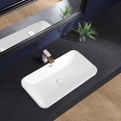 Vessel Sink 32"x17" Semi Recessed Bathroom Sink Drop-in White Bathroom Sink Porcelain Ceramic Modern Rectangular Sinks Drop-in Vanity Sinks with Overflow for Bathrooms