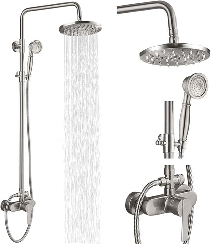 Airuida Exposed Shower System, 8 Inch Rainfall Shower Head with Handheld Spray, Single Handle Wall Mount Shower Faucet Set, Solid Brass Dual Function Exposed Pipe Fixture for Bathroom,Brushed Nickel