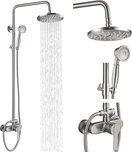 Airuida Exposed Shower System, 8 Inch Rainfall Shower Head with Handheld Spray, Single Handle Wall Mount Shower Faucet Set, Solid Brass Dual Function Exposed Pipe Fixture for Bathroom,Brushed Nickel